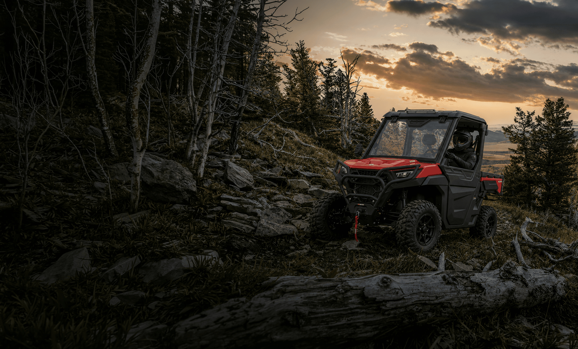 Red and black BLP Titan side-by-side on a trail