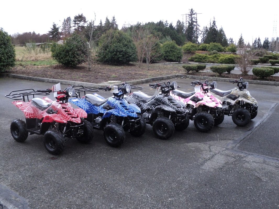 A row of small Tao 110 ATVs in red, blue, pink, and camo
